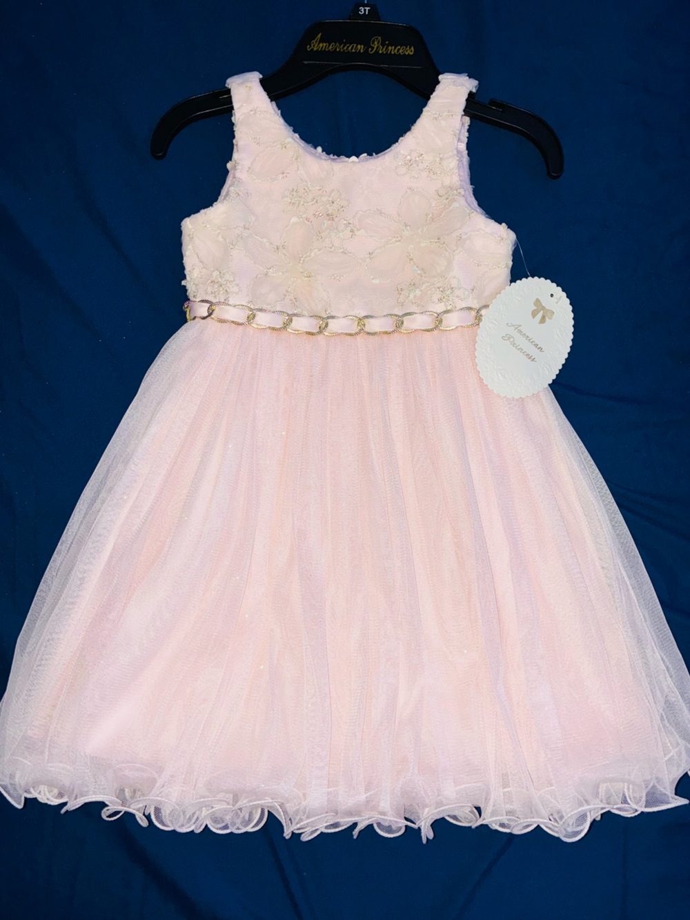 American Princess Light Pink Tulle Formal Dress with Gold Chain Waist